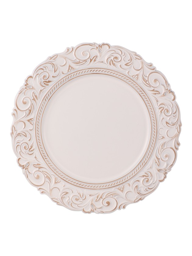 WHITE EMBOSSED BAROCO PP CHARGER PLATE DIA 33CM