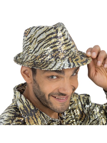 GOLD TIGER PRINT HAT WITH SEQUINS ONE SIZE