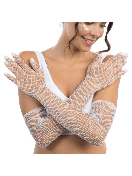 HANDSCHUHE NETZ WEISS MIT STRASS Einheitsgröße - 45CM