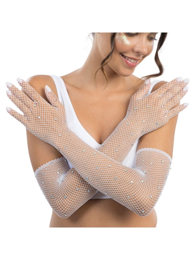 HANDSCHUHE NETZ WEISS MIT STRASS Einheitsgröße - 45CM