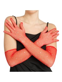RED RHINESTONES FISHNET GLOVES ONE SIZE - 45CM