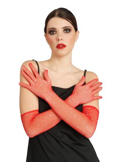 RED RHINESTONES FISHNET GLOVES ONE SIZE - 45CM
