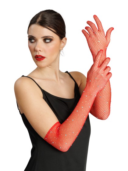 HANDSCHUHE NETZ ROT MIT STRASS Einheitsgröße - 45CM