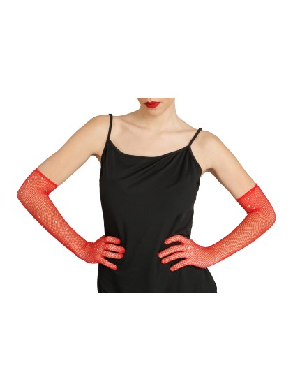 RED RHINESTONES FISHNET GLOVES ONE SIZE - 45CM