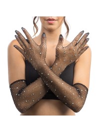 BLACK RHINESTONES FISHNET GLOVES ONE SIZE - 45CM