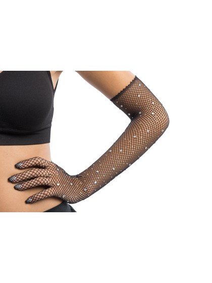 BLACK RHINESTONES FISHNET GLOVES ONE SIZE - 45CM