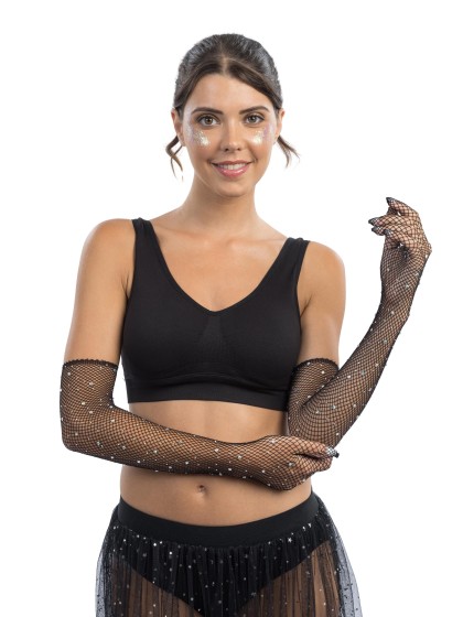 BLACK RHINESTONES FISHNET GLOVES ONE SIZE - 45CM