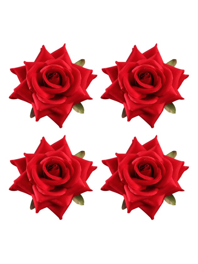 SET 4 ROSES EFFET VELOURS ROUGE DIA 10CM X 5CM