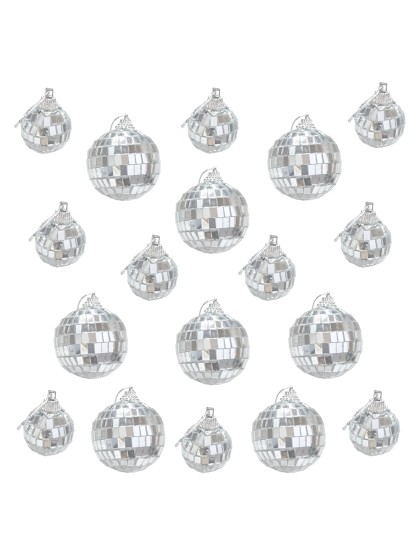 BOX OF 18 SILVER DISCO BALLS 10PCS DIA 3CM / 8PCS DIA 5CM