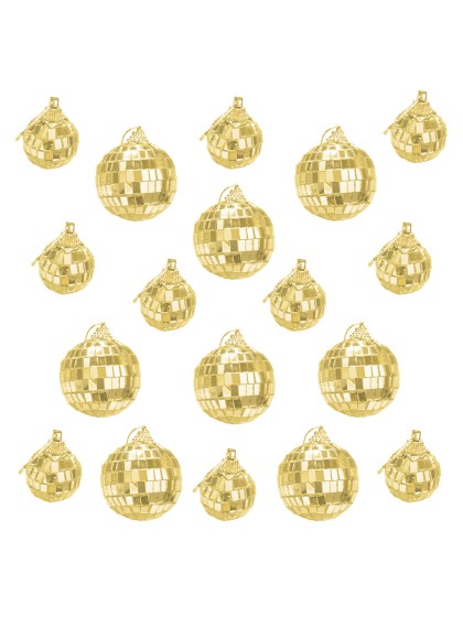 BOX OF 18 GOLD DISCO BALLS 10PCS DIA 3CM / 8PCS DIA 5CM