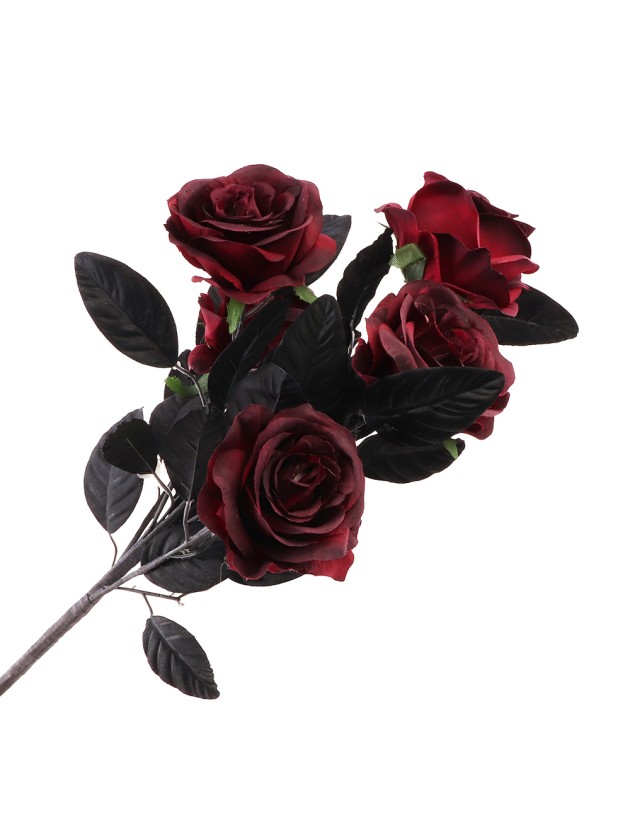 5 DARK RED ROSES AND BLACK LEAVES 20CM X 20CM X 48CM