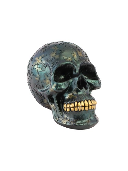 IRIDESCENT GREEN POLYRESIN SKULL WITH LEAVES DECOR 17CM X 25CM X 17.5CM