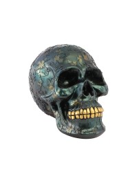 IRIDESCENT GREEN POLYRESIN SKULL WITH LEAVES DECOR 17CM X 25CM X 17.5CM