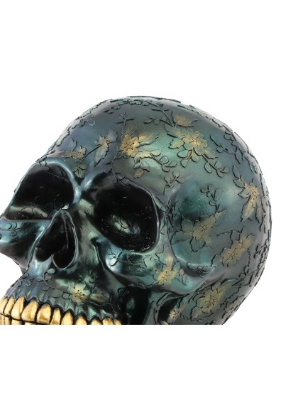 IRIDESCENT GREEN POLYRESIN SKULL WITH LEAVES DECOR 17CM X 25CM X 17.5CM
