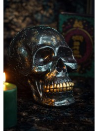 IRIDESCENT GREEN POLYRESIN SKULL WITH LEAVES DECOR 17CM X 25CM X 17.5CM