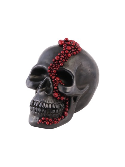 BLACK POLYRESIN SKULL WITH BLOODY RED BEADS 15CM X 23CM X 18CM