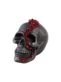 BLACK POLYRESIN SKULL WITH BLOODY RED BEADS 15CM X 23CM X 18CM