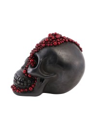 BLACK POLYRESIN SKULL WITH BLOODY RED BEADS 15CM X 23CM X 18CM