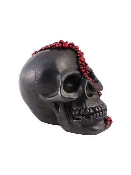 BLACK POLYRESIN SKULL WITH BLOODY RED BEADS 15CM X 23CM X 18CM