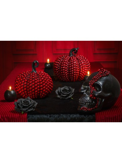 PETITE CITROUILLE RESINE PERLES ROUGE BLOODY 19CM X 18CM X 19CM