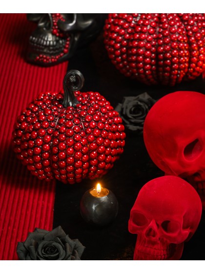 PETITE CITROUILLE RESINE PERLES ROUGE BLOODY 19CM X 18CM X 19CM