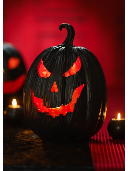 BLACK AND RED POLYRESIN PUMPKIN WITH LED LIGHT 21CM X 21CM X 29CM