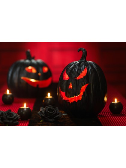 KÜRBIS DEVIL KUNSTHARZ SCHWARZ UND ROT MIT LED 21CM X 21CM X 29CM