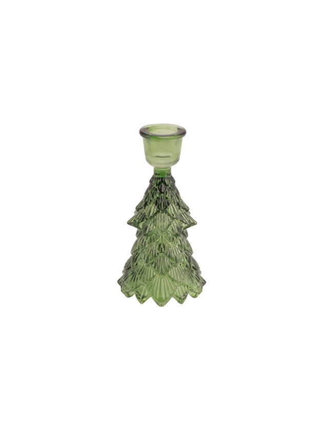 GREEN GLASS XMAS TREE TAPER CANDLEHOLDER DIA 7.8CM X 14.5CM