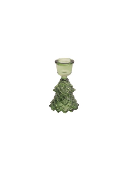 GREEN GLASS XMAS TREE TAPER CANDLEHOLDER DIA 6.3CM X 10CM