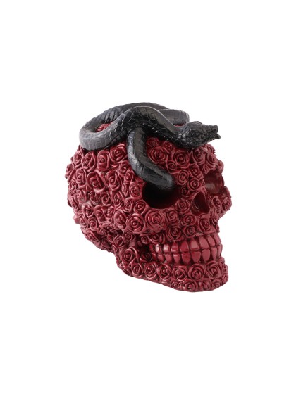 POLYRESIN RED ROSES SKULL AND BLACK SNAKE 10.5CM X 15CM X 13CM