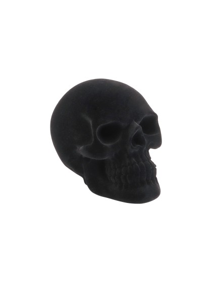SMALL POLYRESIN BLACK FLOCKED VELVET SKULL 9.5CM X 15CM X 11CM
