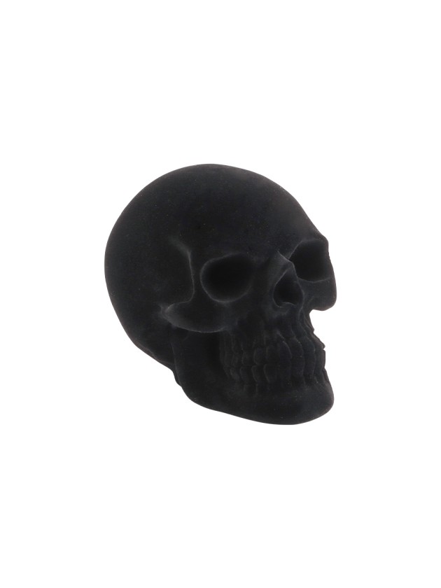 SMALL POLYRESIN BLACK FLOCKED VELVET SKULL 9.5CM X 15CM X 11CM