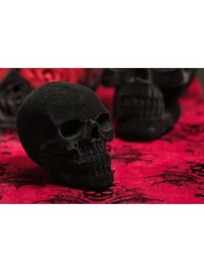 SMALL POLYRESIN BLACK FLOCKED VELVET SKULL 9.5CM X 15CM X 11CM