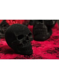 SMALL POLYRESIN BLACK FLOCKED VELVET SKULL 9.5CM X 15CM X 11CM