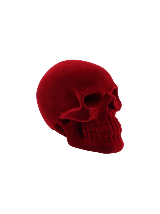 SMALL POLYRESIN DARK RED FLOCKED VELVET SKULL 9.5CM X 15CM X 11CM