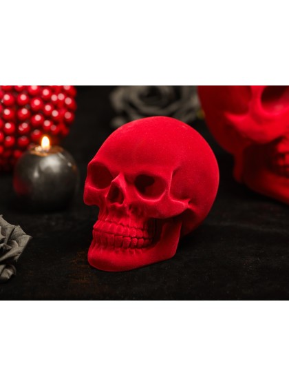 SMALL POLYRESIN DARK RED FLOCKED VELVET SKULL 9.5CM X 15CM X 11CM