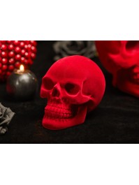SMALL POLYRESIN DARK RED FLOCKED VELVET SKULL 9.5CM X 15CM X 11CM