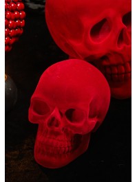 SMALL POLYRESIN DARK RED FLOCKED VELVET SKULL 9.5CM X 15CM X 11CM