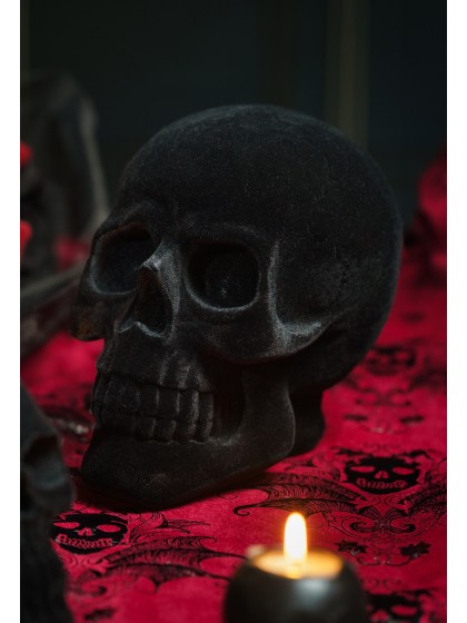 BIG POLYRESIN BLACK FLOCKED VELVET SKULL 13CM X 19CM X 16.5CM