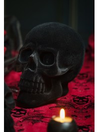 BIG POLYRESIN BLACK FLOCKED VELVET SKULL 13CM X 19CM X 16.5CM