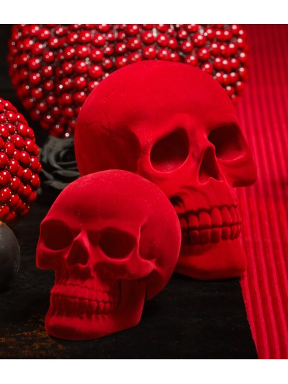 BIG POLYRESIN DARK RED FLOCKED VELVET SKULL 13CM X 19CM X 16.5CM