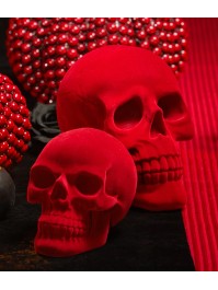 BIG POLYRESIN DARK RED FLOCKED VELVET SKULL 13CM X 19CM X 16.5CM