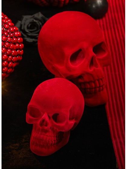 BIG POLYRESIN DARK RED FLOCKED VELVET SKULL 13CM X 19CM X 16.5CM