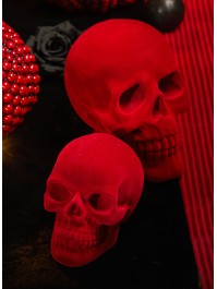 BIG POLYRESIN DARK RED FLOCKED VELVET SKULL 13CM X 19CM X 16.5CM