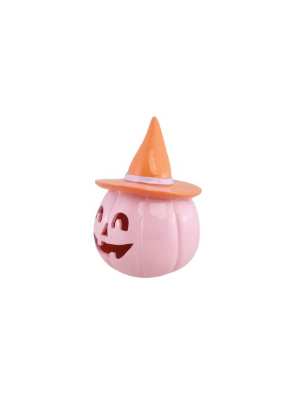 POLYRESIN LIGHT PINK PUMPKIN WITH ORANGE HAT 12.5CM X 12.3CM X 17CM