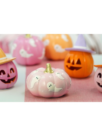 POLYRESIN LIGHT PINK PUMPKIN WITH GHOSTS 15.5CM X 15.5CM X 11CM