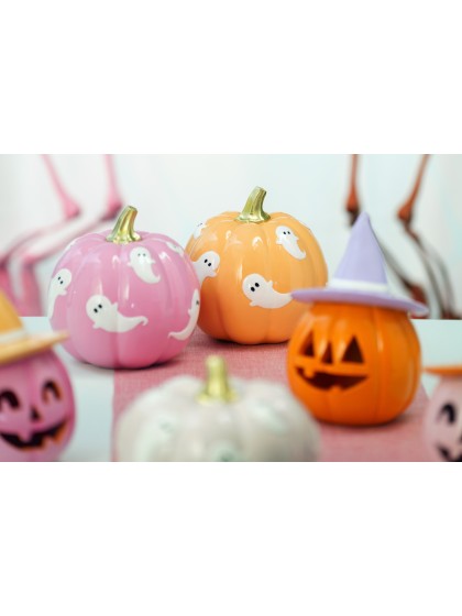 POLYRESIN LIGHT ORANGE PUMPKIN WITH GHOSTS 14.5CM X 14.5CM X 14.8CM