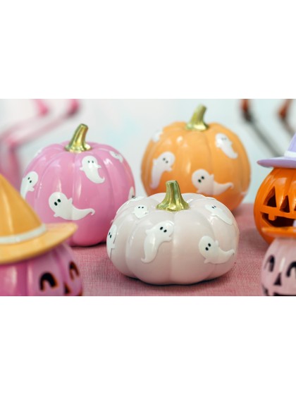 POLYRESIN PINK PUMPKIN WITH GHOSTS 14.5CM X 14.5CM X 14.8CM