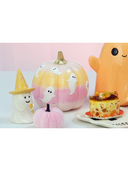POLYRESIN CUTE PUMPKIN WITH GHOSTS 14.5CM X 14.5CM X 14.8CM