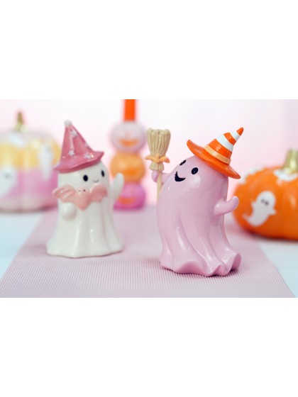 POLYRESIN LIGHT PINK GHOST WITH BROOM 12.3CM X 8.8CM X 15CM
